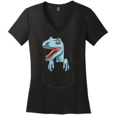 Dinosaur Pocket Velociraptor Peeking Out Pocket Dinosaur Women's V-Neck T-Shirt