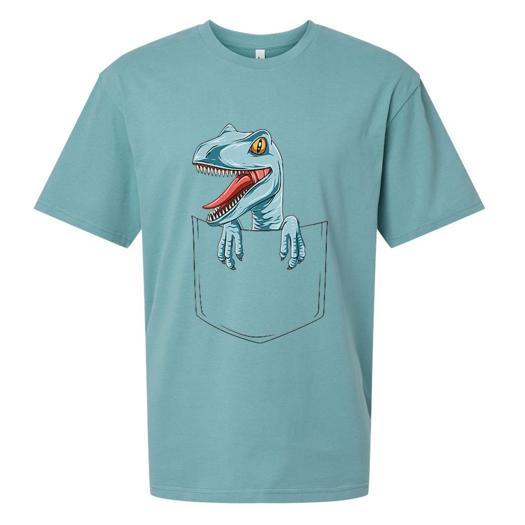 Dinosaur Pocket Velociraptor Peeking Out Pocket Dinosaur Sueded Cloud Jersey T-Shirt