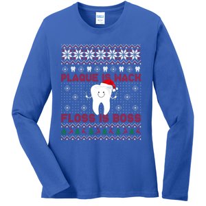 Dentist Plaque Wack Floss Is Boss Ugly Christmas Gift Ladies Long Sleeve Shirt