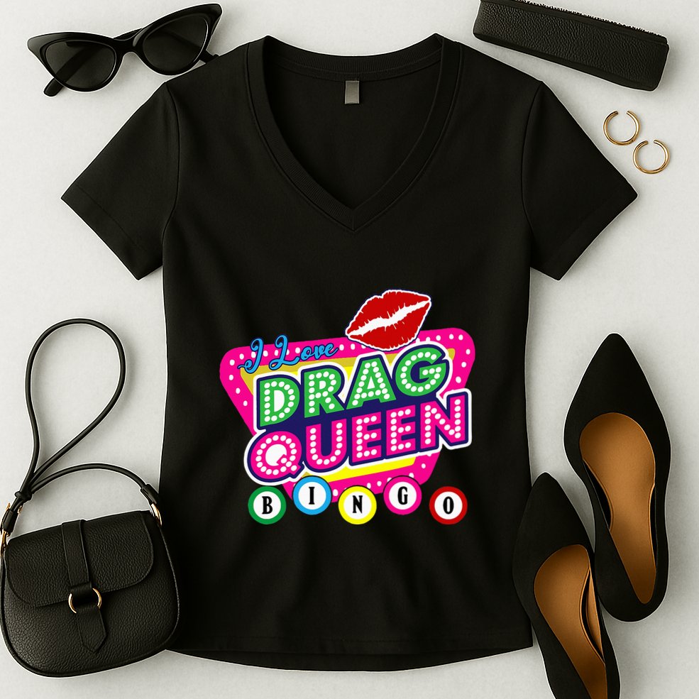 Drag Queen Bingo Funny I Love Drag Queen Bingo Fan Lgbt Women's V-Neck T-Shirt