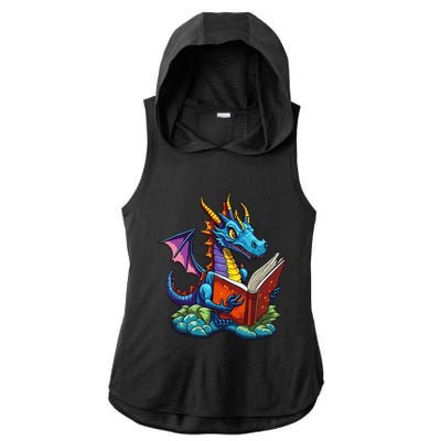 Dragon Reading A Book Ladies PosiCharge Tri-Blend Wicking Draft Hoodie Tank