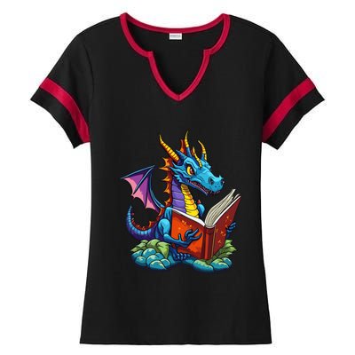 Dragon Reading A Book Ladies Halftime Notch Neck Tee