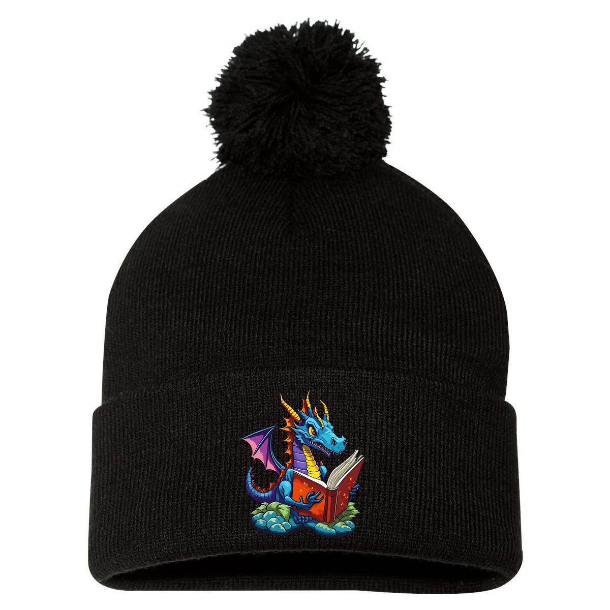 Dragon Reading A Book Pom Pom 12in Knit Beanie