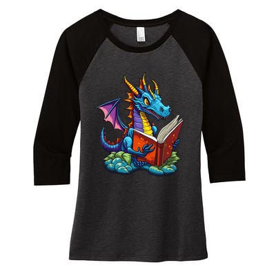 Dragon Reading A Book Women's Tri-Blend 3/4-Sleeve Raglan Shirt