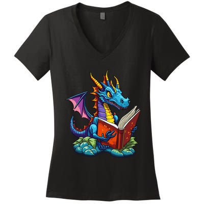 Dragon Reading A Book Women's V-Neck T-Shirt