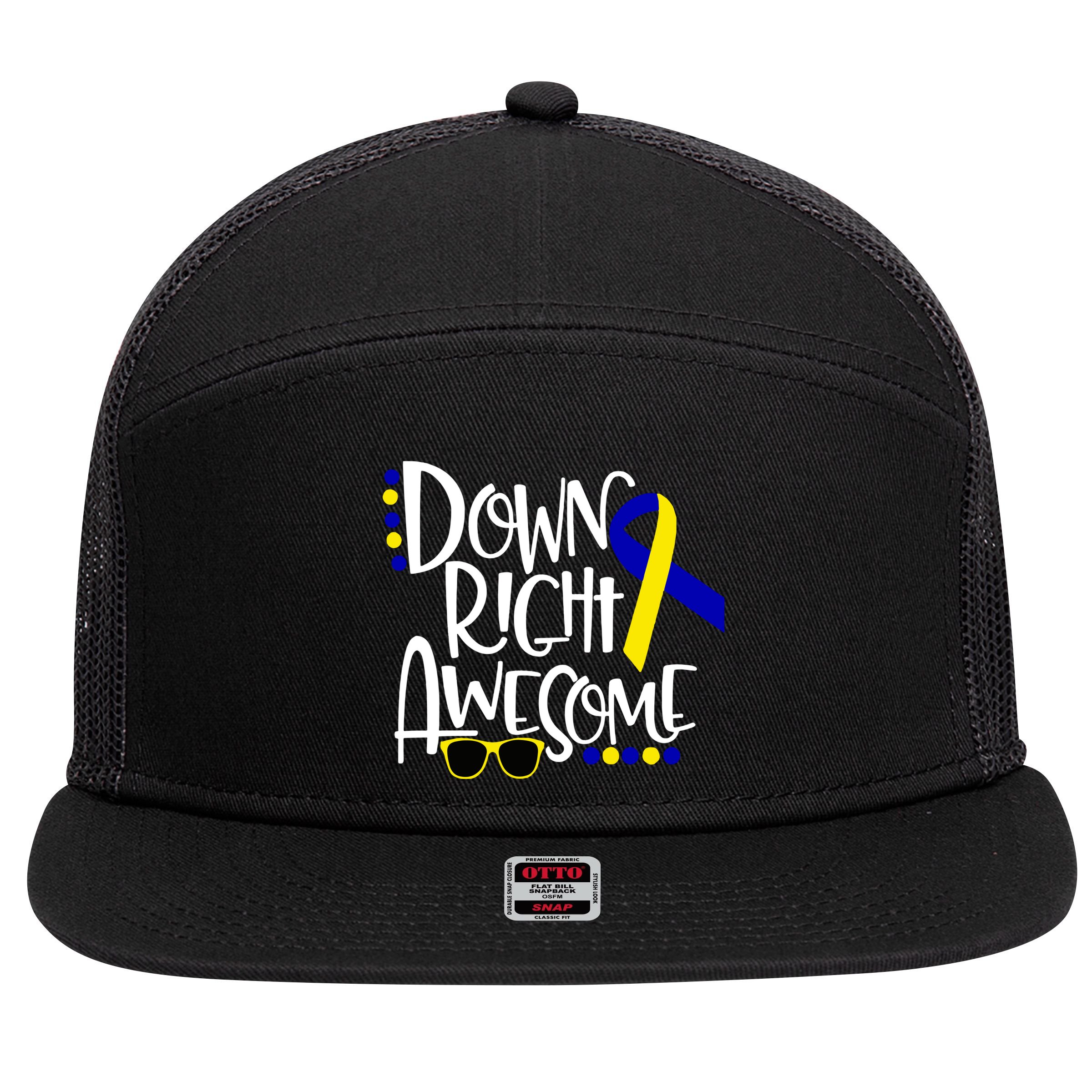 Down Right Awesome Down Syndrome Awareness Ribbon 7 Panel Mesh Trucker Snapback Hat