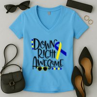 Down Right Awesome Down Syndrome Awareness Ribbon Women's V-Neck T-Shirt