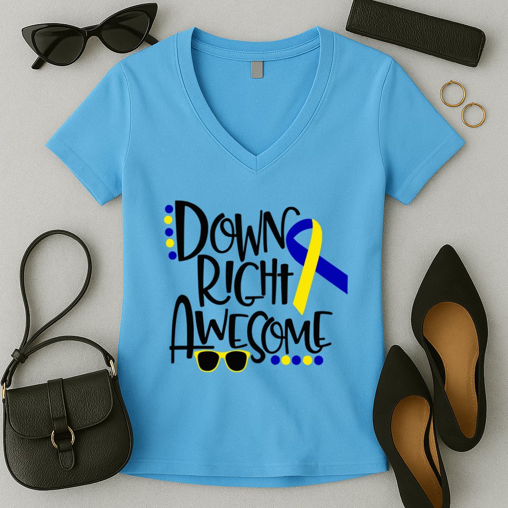 Down Right Awesome Down Syndrome Awareness Ribbon Women's V-Neck T-Shirt