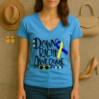 Down Right Awesome Down Syndrome Awareness Ribbon Women's V-Neck T-Shirt