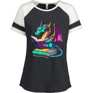 Dragon Reading Book Enza Ladies Jersey Colorblock Tee