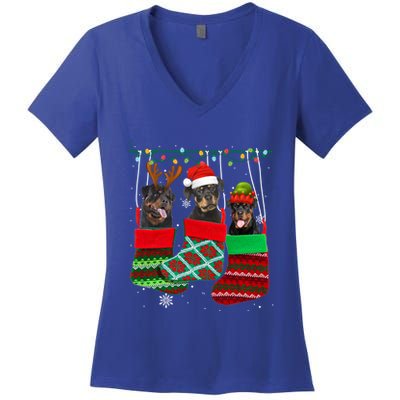 Dog Rottweiler Christmas Socks Funny Xmas Pajama Pet Puppy Great Gift Women's V-Neck T-Shirt