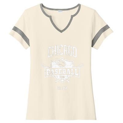 Distressed Retro Cub Look Fan Gift Party Tailgate Ladies Halftime Notch Neck Tee