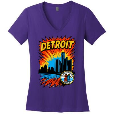 Detroit Retro Comic Style Women's V-Neck T-Shirt