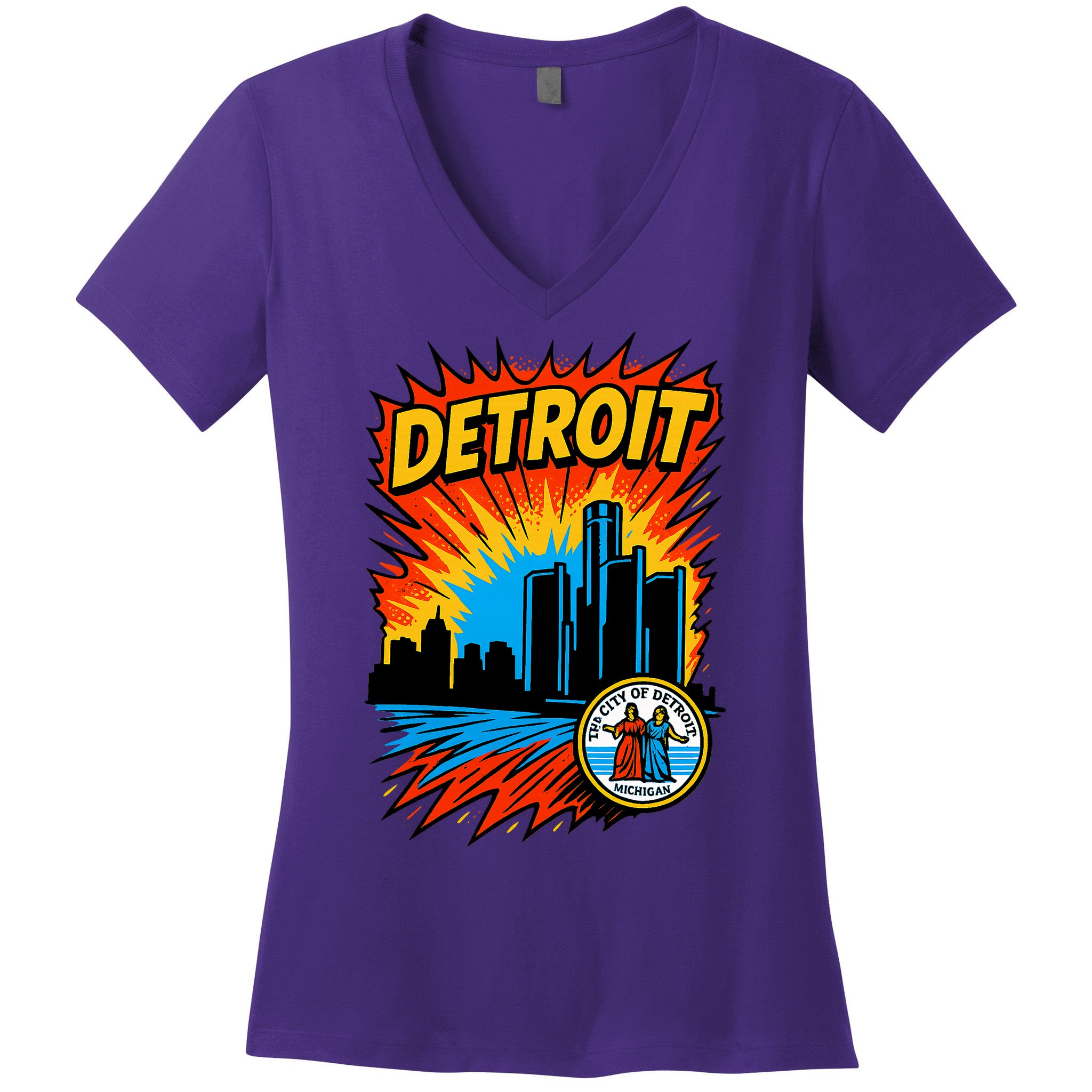 Detroit Retro Comic Style Women's V-Neck T-Shirt