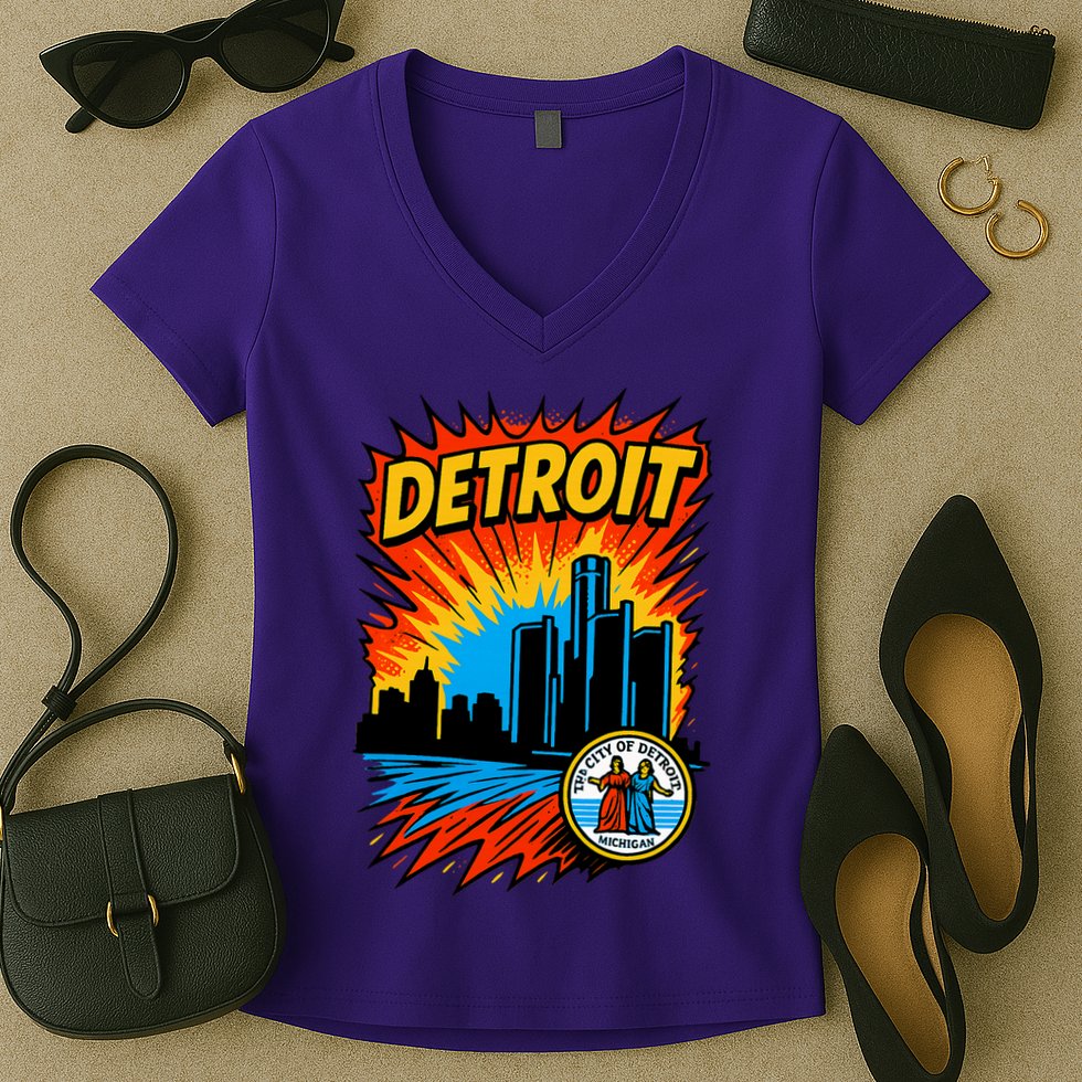 Detroit Retro Comic Style Women's V-Neck T-Shirt