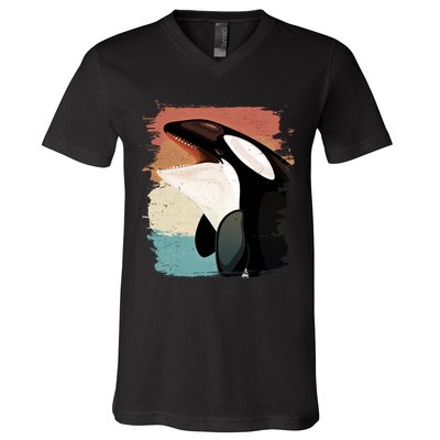 Distressed Retro Colors Orca Killer Whale V-Neck T-Shirt