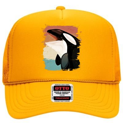 Distressed Retro Colors Orca Killer Whale High Crown Mesh Back Trucker Hat