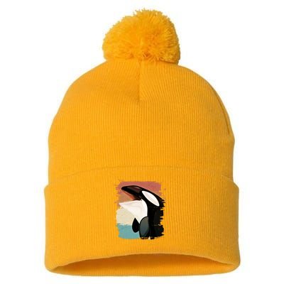 Distressed Retro Colors Orca Killer Whale Pom Pom 12in Knit Beanie