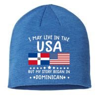 Dominican Roots Cute Gift Half American Flag Dominicaflag Tee Gift Sustainable Beanie