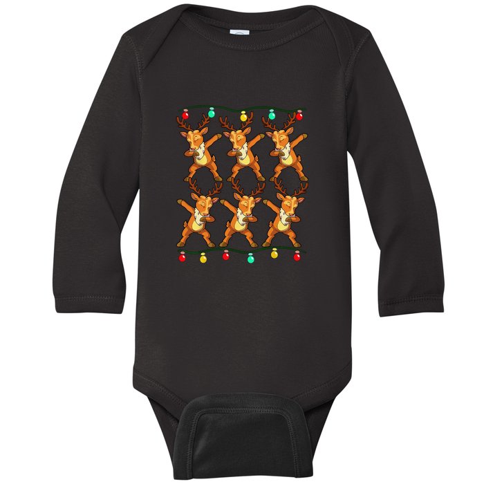 Dabbing Reindeer Christmas Lights Funny Baby Long Sleeve Bodysuit