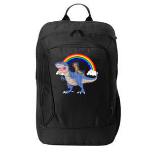 Dachshund Riding Dinosaur City Backpack