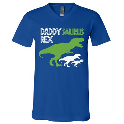 Daddysaurus Rex Daddy Saurus T Rex Dad Of Two Fathers Day Gift V-Neck T-Shirt