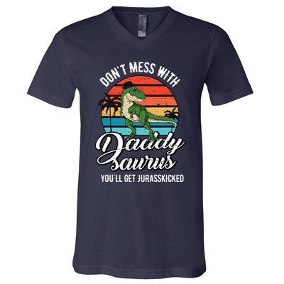 Daddysaurus Rex Dinosaur Daddy TRex Fathers Day Dino Dad V-Neck T-Shirt