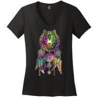 Dream Catcher Wolf Galaxy Women's V-Neck T-Shirt