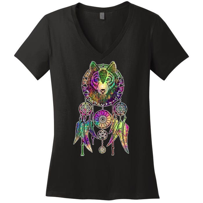 Dream Catcher Wolf Galaxy Women's V-Neck T-Shirt