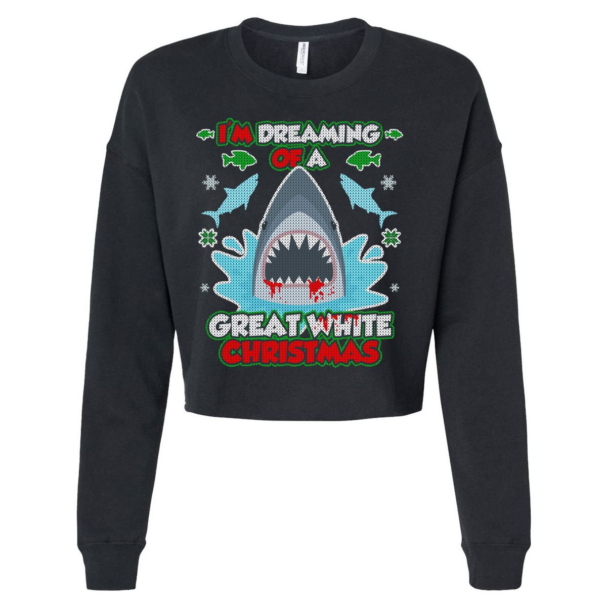 Dreaming of a Great White Shark Ugly Christmas Cropped Pullover Crew