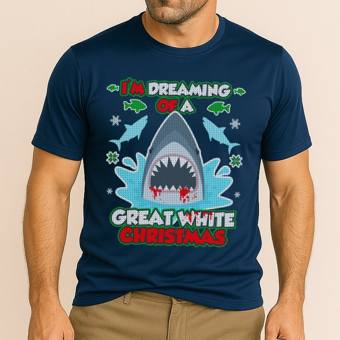Dreaming of a Great White Shark Ugly Christmas Cooling Performance Crew T-Shirt