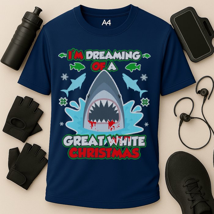 Dreaming of a Great White Shark Ugly Christmas Cooling Performance Crew T-Shirt