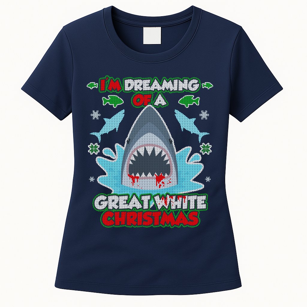 Dreaming of a Great White Shark Ugly Christmas Womens T-Shirt