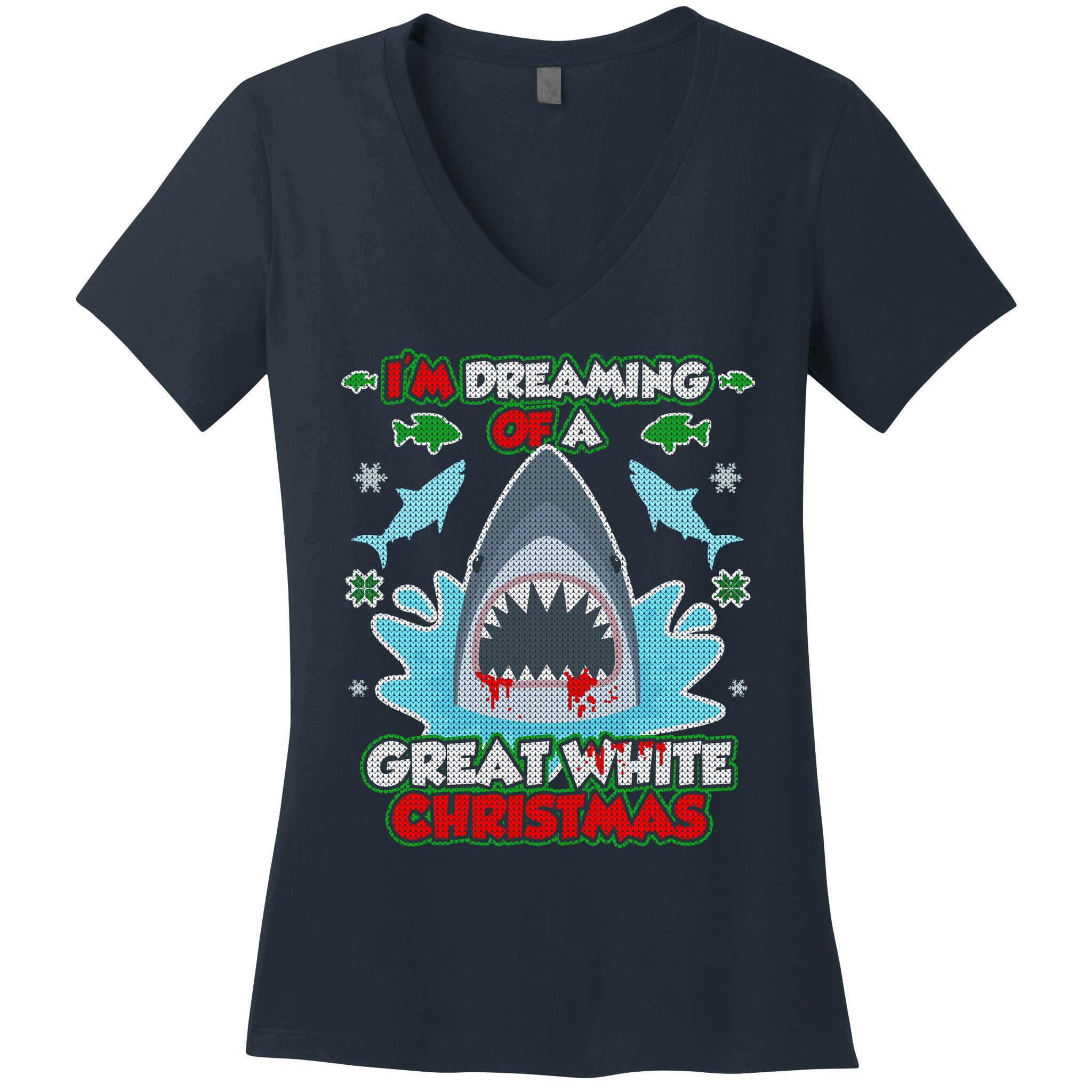 Dreaming of a Great White Shark Ugly Christmas Women's V-Neck T-Shirt