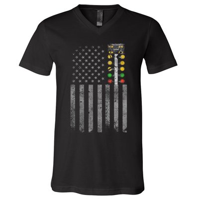 Drag Racing Flag American Drag Racer Drag Strip Tree Light V-Neck T-Shirt