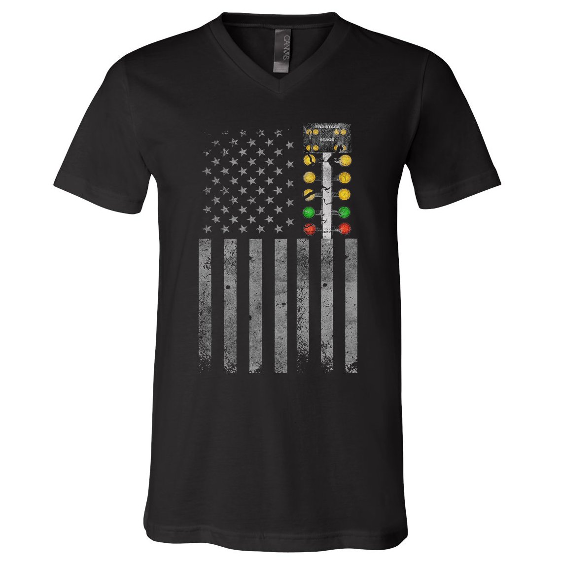 Drag Racing Flag American Drag Racer Drag Strip Tree Light V-Neck T-Shirt