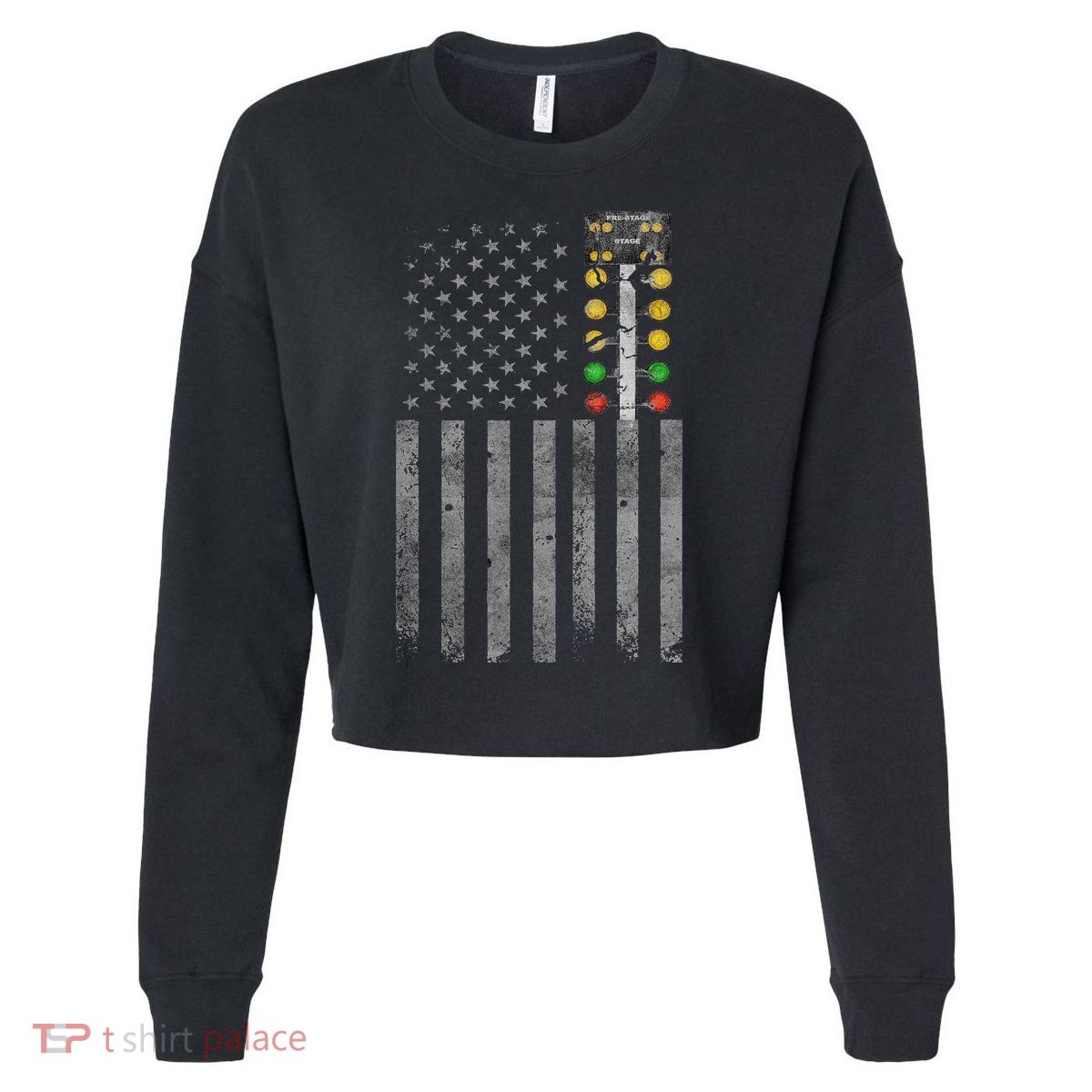 Drag Racing Flag American Drag Racer Drag Strip Tree Light Cropped Pullover Crew