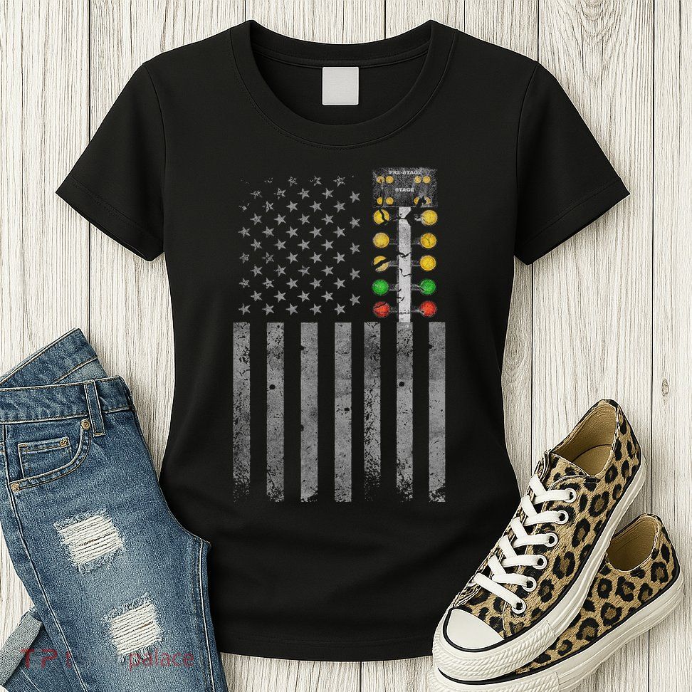 Drag Racing Flag American Drag Racer Drag Strip Tree Light Womens T-Shirt