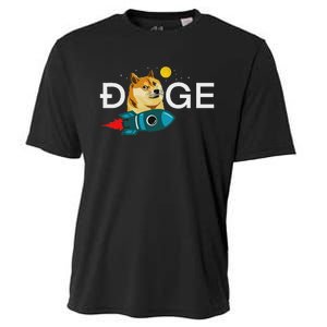 Dogecoin Rocket  Funny Doge To The Moon Cryptocurrency Cooling Performance Crew T-Shirt