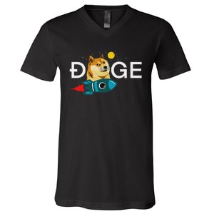 Dogecoin Rocket  Funny Doge To The Moon Cryptocurrency V-Neck T-Shirt