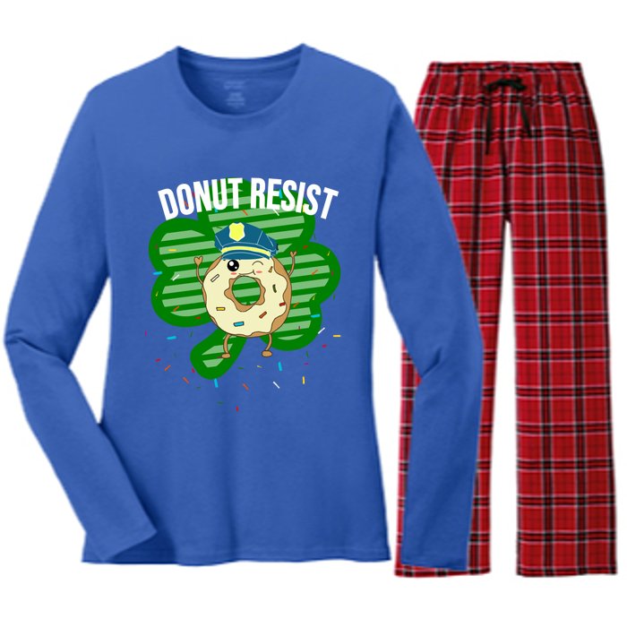 Donut Resist Funny Police Officer Irish St Patricks Day Meme Gift Women's Long Sleeve Flannel Pajama Set 