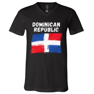 Dominican Republic Flag Retro Distressed Flag V-Neck T-Shirt