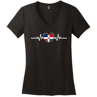 Dominican Republic Flag Heartbeat Dominican Roots Women's V-Neck T-Shirt