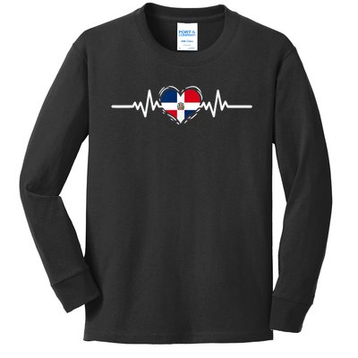 Dominican Republic Flag Heartbeat Dominican Roots Kids Long Sleeve Shirt