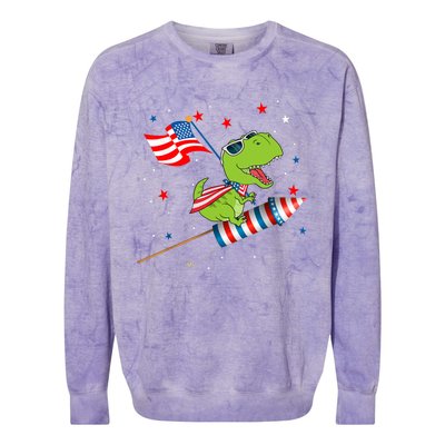 Dinosaur Riding Fireworks Funny 4th Of July Boy Colorblast Crewneck Sweatshirt