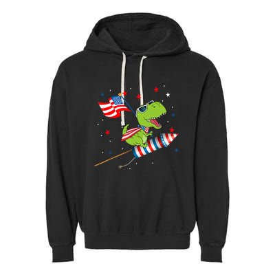 Dinosaur Riding Fireworks Funny 4th Of July Boy Garment-Dyed Fleece Hoodie