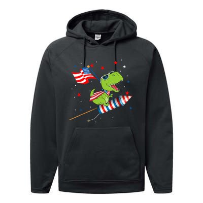 Dinosaur Riding Fireworks Funny 4th Of July Boy Performance Fleece Hoodie