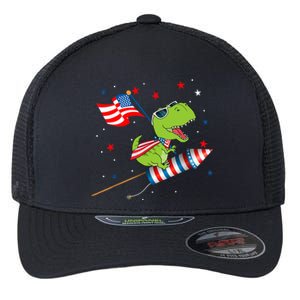 Dinosaur Riding Fireworks Funny 4th Of July Boy Flexfit Unipanel Trucker Cap