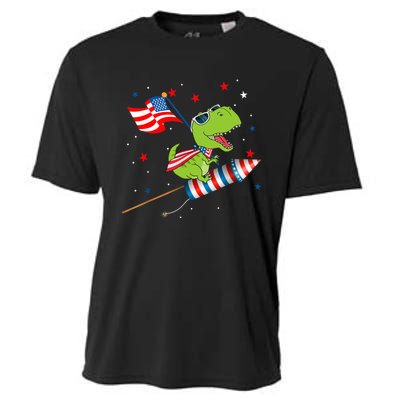 Dinosaur Riding Fireworks Funny 4th Of July Boy Cooling Performance Crew T-Shirt