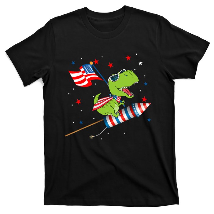 Dinosaur Riding Fireworks Funny 4th Of July Boy T-Shirt